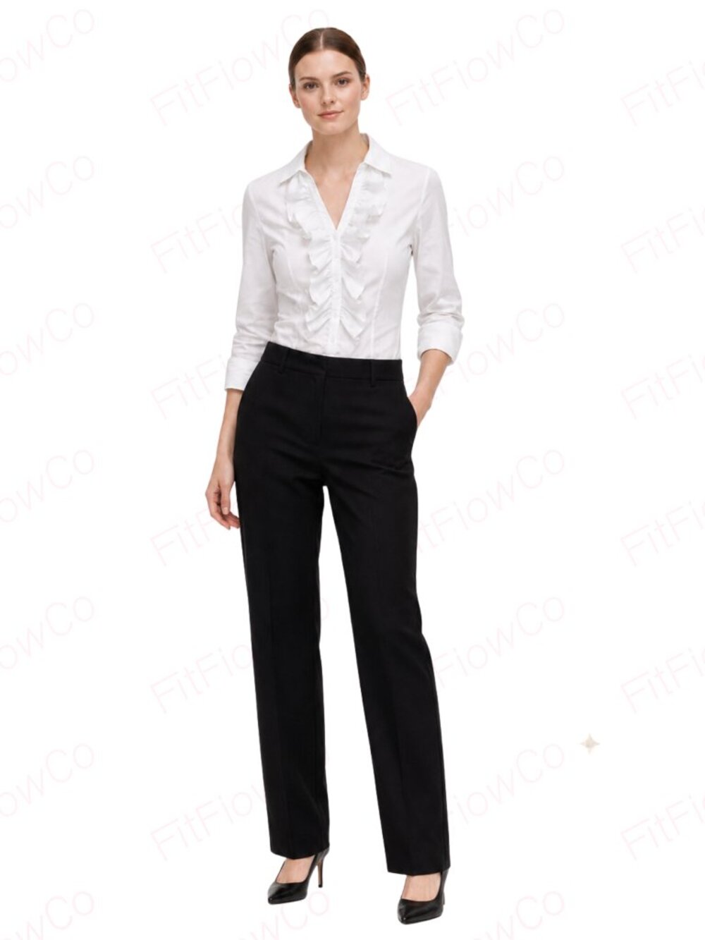 Nine West Suit White Cascading Ruffle Button Up Blouse 12P Petite Long Sleeve